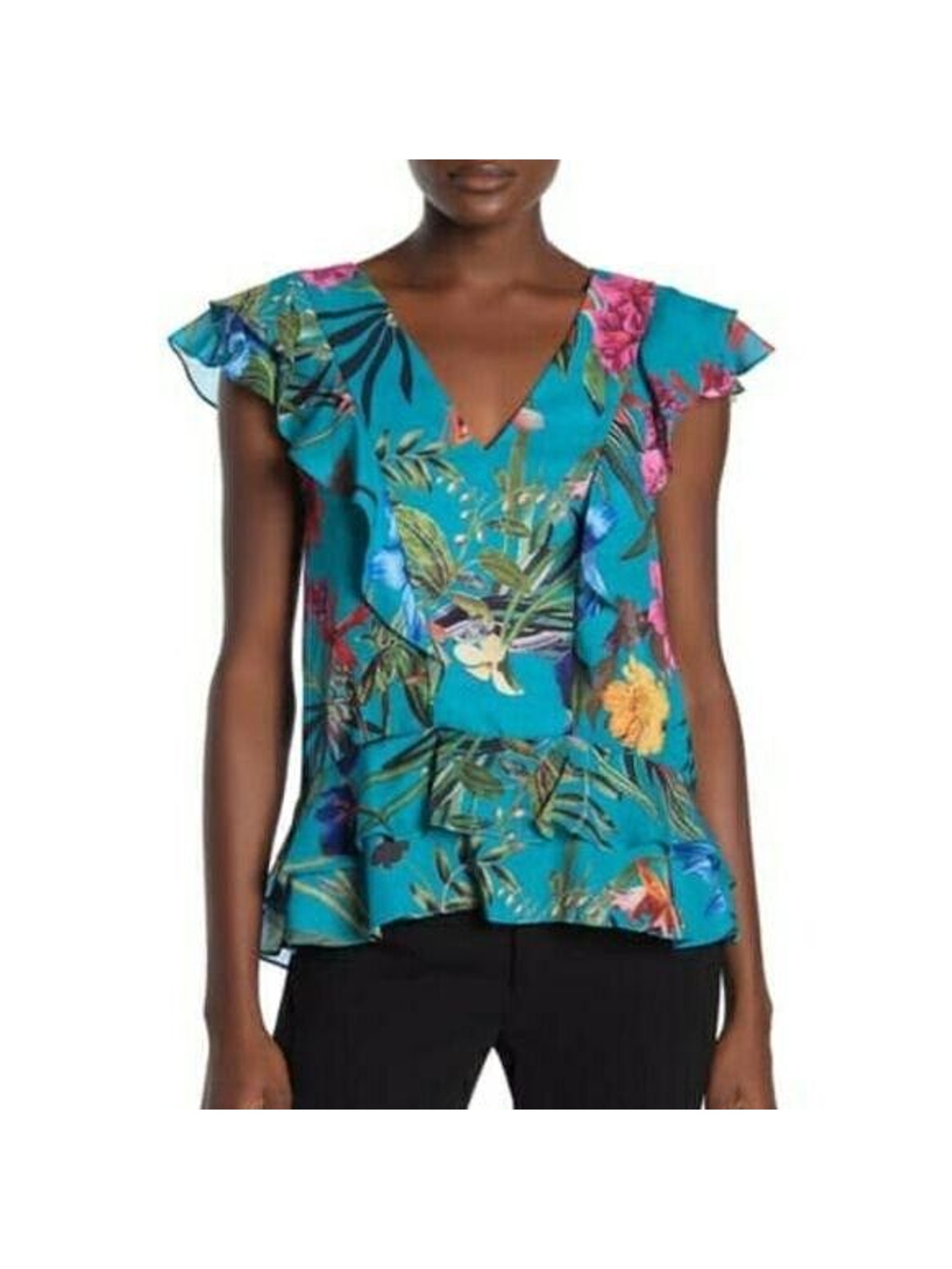 Parker Tropical Floral Ruffle V-Neck Short Sleeve Blouse New Women's Large
